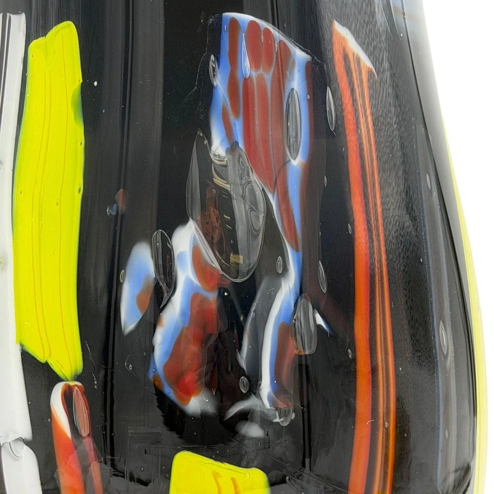 Vtg Art Glass Vase Colorful Black Stripe Abstract Postmodern Heavy LG Y2K 11.5in
